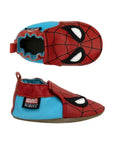 Top and side view of Robeez Spider-Man soft sole baby shoes featuring flexible suede soles and Marvel branding for infant foot support.