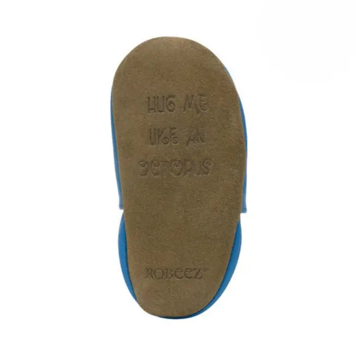 Bottom view of Robeez Octopus Soft Sole Shoes showing suede sole with 'Hug Me Like An Octopus' text for added grip and comfort.