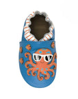 Top view of Robeez Octopus Soft Sole Baby Shoes with fun orange octopus in sunglasses on blue leather and striped elastic collar.