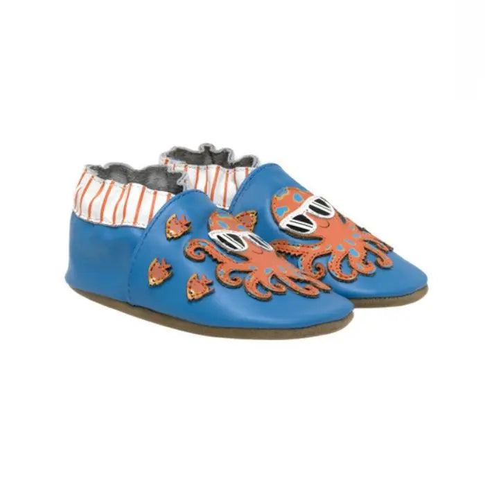 Robeez Octopus Soft Sole Shoes in blue leather with orange octopus and fish design, ideal baby shoes for healthy foot development.