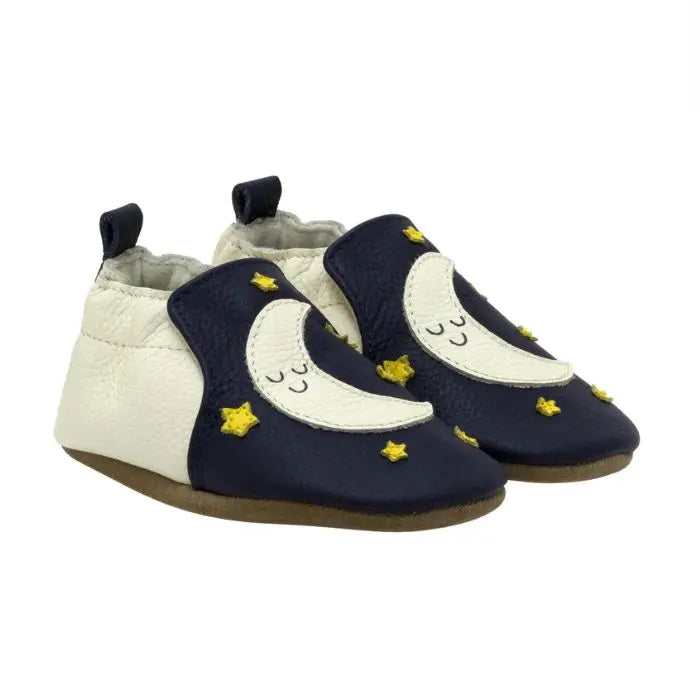 Robeez Shine Bright Soft Sole baby leather shoes with moon and star design, ideal for healthy foot development in infants.