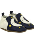 Robeez Shine Bright Soft Sole baby leather shoes with moon and star design, ideal for healthy foot development in infants.