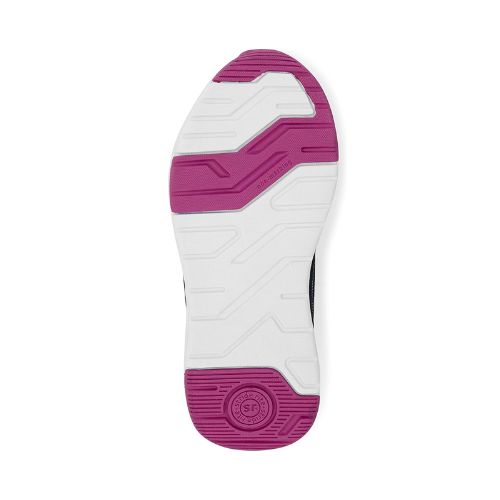 Sole of a light-up sneaker with white and purple tread patterns.
