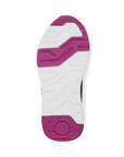 Sole of a light-up sneaker with white and purple tread patterns.