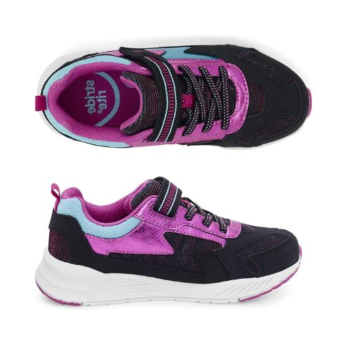 Colorful kids light-up sneakers with pink, black, and blue accents, featuring an adjustable strap and lace design.
