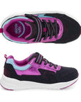 Colorful kids light-up sneakers with pink, black, and blue accents, featuring an adjustable strap and lace design.