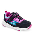 Black sneaker with pink accents and a blue Z shape on side. Sneaker has Velcro closure, faux laces and a white outsole.