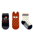 Robeez Baby Socks 3 Pack with fox and forest animal designs in orange, black, and cream, featuring non-skid soles for toddler safety.