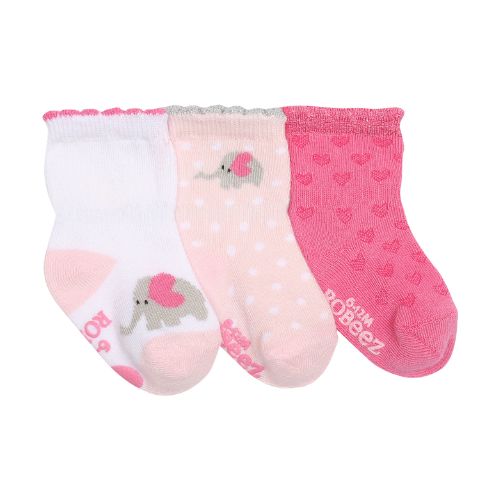 Robeez Baby Socks 3 Pack in pink tones with elephant and heart patterns, made from soft cotton blend with non-slip soles for toddlers.