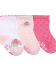 Robeez Baby Socks 3 Pack in pink tones with elephant and heart patterns, made from soft cotton blend with non-slip soles for toddlers.