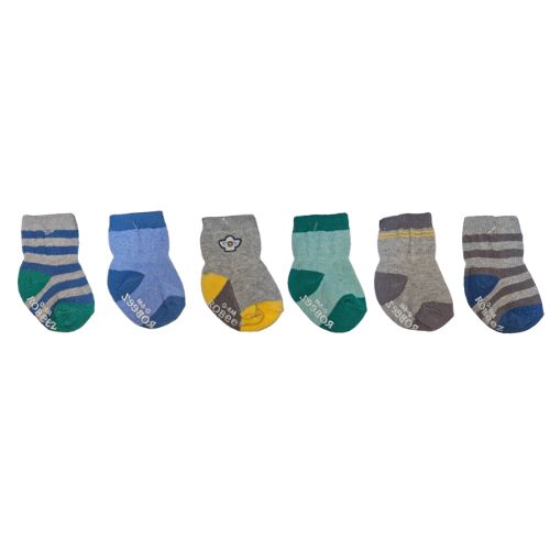 Baby Robeez 6 pack socks in assorted neutral tones and patterns, designed with non-skid soles and elastic cuffs for active toddlers.