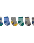 Baby Robeez 6 pack socks in assorted neutral tones and patterns, designed with non-skid soles and elastic cuffs for active toddlers.