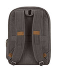 Back view of gray Travelon Anti-Theft Heritage Backpack with padded adjustable straps and top loop for easy carrying.