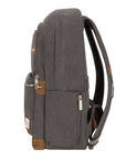 Side profile of gray Travelon Anti-Theft Heritage Backpack showing dual compartments and padded shoulder straps for comfort.