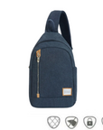 Travelon Anti-Theft Sling Bag in navy with RFID protection, locking zippers, and slash-resistant body, ideal for secure travel and daily use.