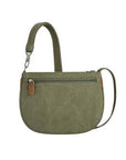 Back view of olive green Travelon Anti-Theft Crossbody Saddle Bag with zippered pocket and detachable strap for versatile wear.