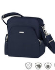 Navy blue Travelon Anti-Theft Classic Travel Bag with anti-slash strap and RFID-blocking technology, perfect for organized and safe travel.