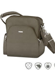 Olive green Travelon Anti-Theft Classic Travel Bag with secure zippers and water-resistant material, designed for stylish and safe commuting.