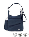 Travelon Anti-Theft Messenger Bag in navy blue with crossbody strap, anti-theft features, and side water bottle holder.