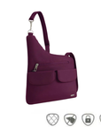 A burgundy nylon shoulder bag with multiple zippered pockets and a silver metal carabiner, shown against a plain white background with four small security icons at the bottom.