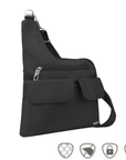 A black nylon shoulder bag with multiple zippered pockets and a silver metal carabiner, shown against a plain white background with four small security icons at the bottom.