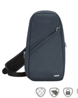 Travelon Anti-Theft Classic Sling Bag in navy blue with secure zippers, anti-theft features, and a sleek design for travel or daily use.