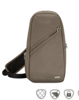 Travelon Anti-Theft Classic Sling Bag in taupe with secure zippers, anti-theft features, and a stylish compact design for versatile use.