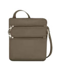 Beige crossbody bag with two front horizontal zippers with silver pull tabs.