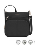 Black Travelon crossbody bag with multiple zippered compartments and an adjustable strap, shown with icons for anti-theft, cut-resistant, locking zippers, and RFID protection.