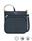 Blue Travelon crossbody bag with multiple zippered compartments and an adjustable strap, shown with icons for anti-theft, cut-resistant, locking zippers, and RFID protection.