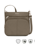 Nutmeg-colored Travelon crossbody bag with multiple zippered compartments and an adjustable strap, shown with icons for anti-theft, cut-resistant, locking zippers, and RFID protection.
