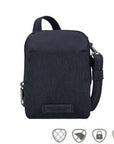 Travelon Anti-Theft Crossbody Bag in navy blue with secure zip closure, slash-resistant strap, and RFID-blocking technology.