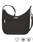 Travelon Anti-Theft Essentials East/West Small Hobo in black, designed with secure zippers and RFID-blocking technology.