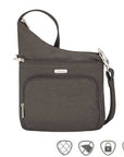 Charcoal gray Travelon Anti-Theft 3 Compartment Crossbody handbag with anti-theft icons, ideal for secure and stylish travel needs.
