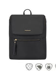 Travelon Anti-Theft Addison Backpack in classic black with gold zipper and anti-theft icons, perfect for secure urban travel.