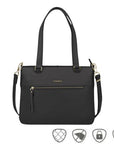Travelon Anti-Theft Addison Tote in solid black with gold-tone hardware, featuring anti-theft and RFID protection features.