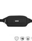 Black belt bag with with flap front pocket with silver Travelon logo on center.