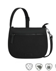 Travelon Anti-Theft Crossbody Bag in black with front zipper, RFID protection, and anti-slash strap for travel safety.
