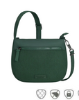 Green Travelon Anti-Theft Crossbody Bag featuring RFID-blocking technology and slash-resistant construction for travel security.