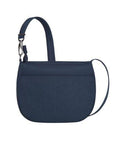 Back view of the Travelon Anti-Theft Crossbody Bag in navy, featuring a sleek design and rear slip pocket.