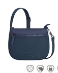 Travelon Anti-Theft Crossbody Bag in navy with front zipper pocket, RFID protection, and slash-resistant strap for secure travel.