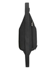 Side view of black Travelon Anti-Theft Roam Compact Sling with rear zippered pocket and adjustable crossbody strap.