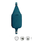 Travelon Anti-Theft Roam Compact Sling in teal blue with security icons highlighting RFID protection and locking zippers.
