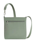 Back view of green Travelon Anti-Theft Roam Small Crossbody Bag with zippered pocket and adjustable strap for secure carrying.