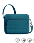 Teal Travelon Anti-Theft Roam E/W Crossbody Bag with secure front pocket and anti-theft icons, ideal for stylish and safe travel.