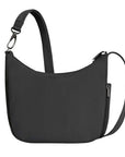 Back view of black Travelon Anti-Theft Roam Medium Crossbody Bag with zippered pocket and adjustable strap for comfortable wear.
