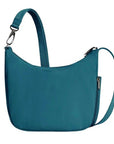 Back view of teal Travelon Anti-Theft Roam Medium Crossbody Bag with zippered pocket and adjustable strap for hands-free travel.