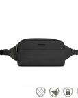 Travelon Anti-Theft Roam Belt Bag in black with front zip pocket and adjustable strap, ideal for travel security and hands-free convenience.