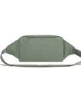 Back of sage green Travelon Anti-Theft Roam Belt Bag with zippered pocket and adjustable strap, designed for secure and comfortable travel wear.