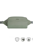 Travelon Anti-Theft Roam Belt Bag in sage green with front zip pocket and anti-theft icons, perfect for stylish and secure travel use.